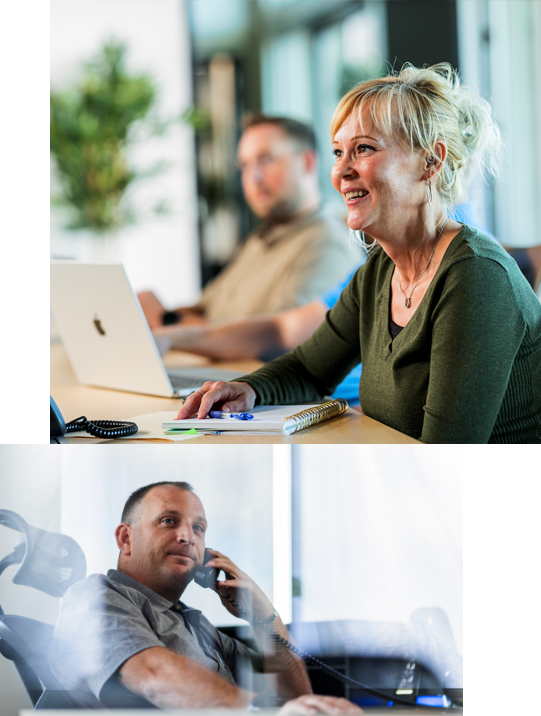 Two images stacked. The top image is a woman in a meeting taking notes and the bottom image is a man at his desk on the phone with a customer.