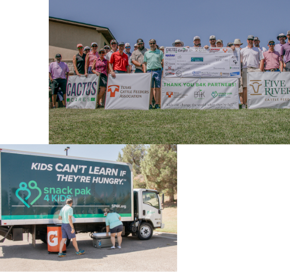 Employees standing together outside on a hot day holding signs with logos.